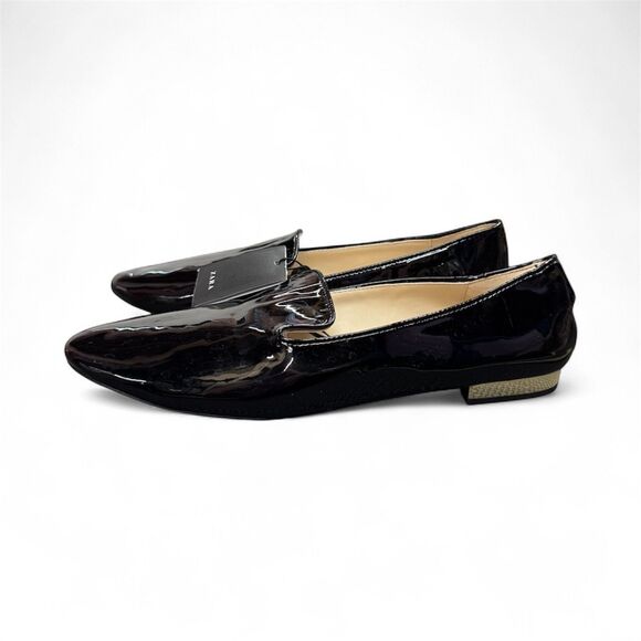 Zara Women’s Black Patent Leather Slip On Flat Loafers Gold Heel Size 41 NWT - Picture 2 of 4